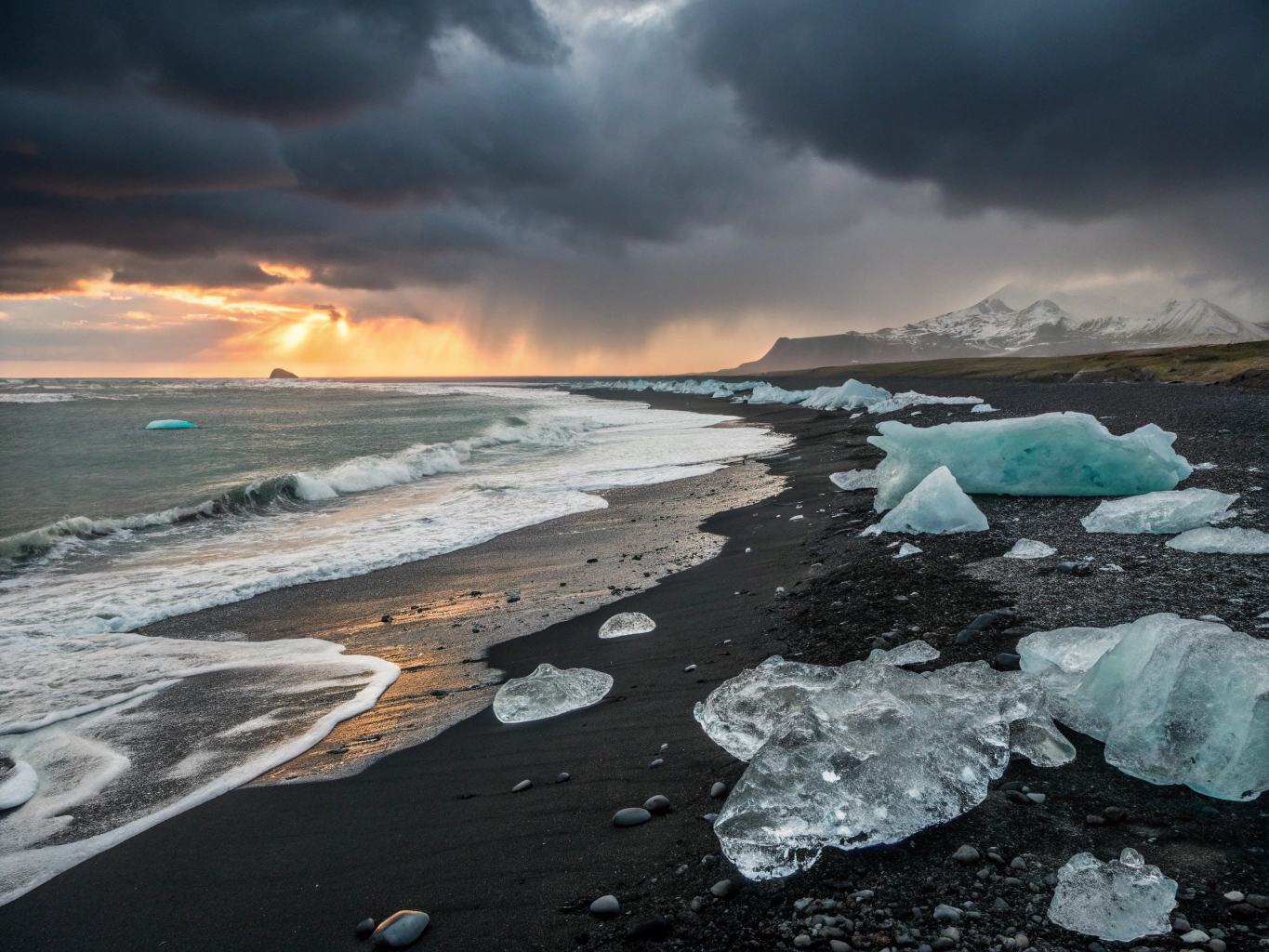 Calved glacial ice on black volcanic sand in Iceland