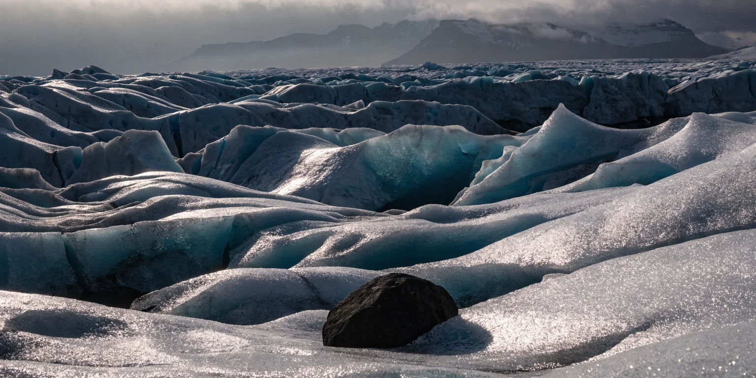 Panoramic vista of ancient blue glacial ice in Vatnajökull Iceland