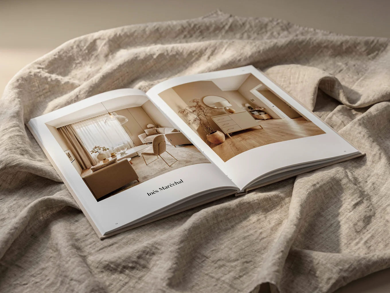 Open landscape photography book on a wooden table