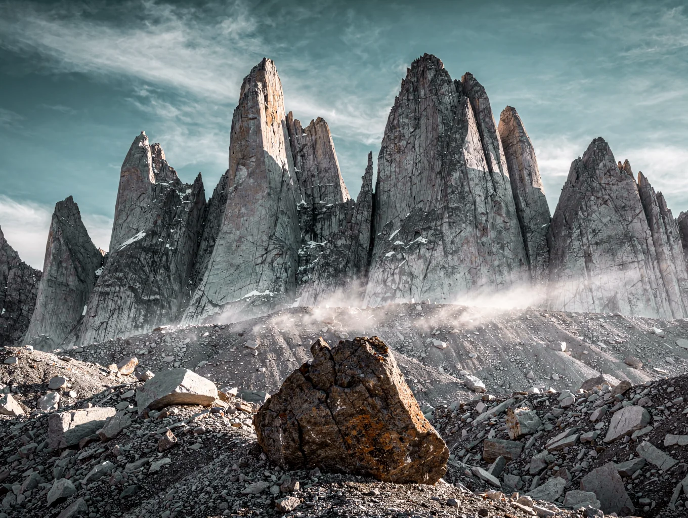 Granite peaks of Patagonia lit by morning golden light