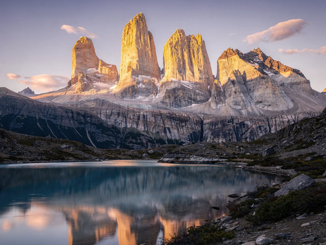 Dramatic horn-shaped peaks and turquoise glacial waters in Patagonia